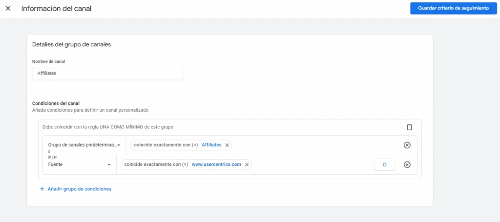 Editor de reglas de un grupo de canales personalizado en GA4