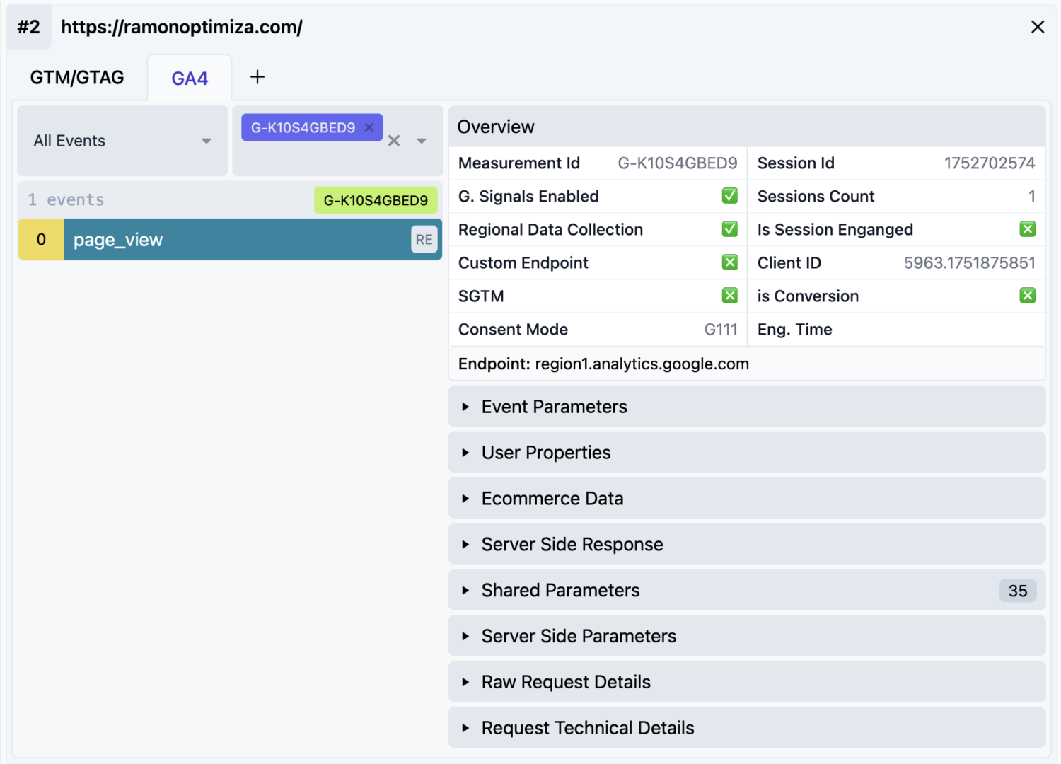 Captura de pantalla de Google Analytics 4 con datos de Consent Mode